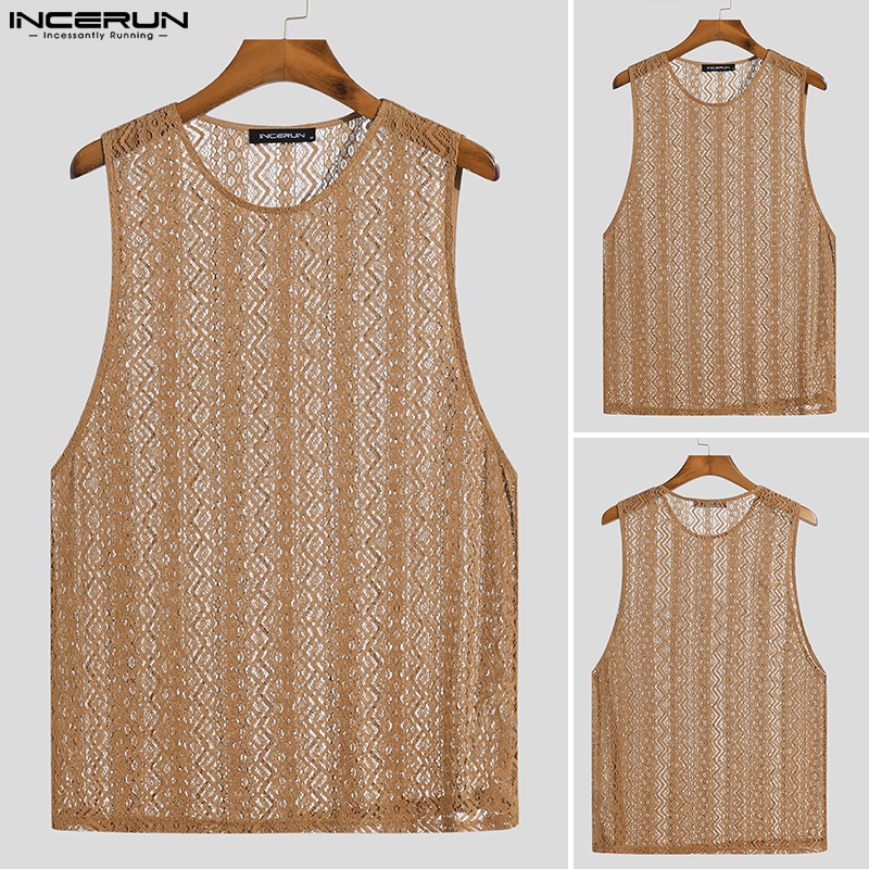 INCERUN Áo Ba Lỗ Nam Phối Ren Hoa Trong Suốt Thời Trang Mùa Hè