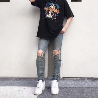 Quần jean nam streetwear cao cấp FNOS Z15 màu xanh rách gối form slimfit có zip jean co giãn