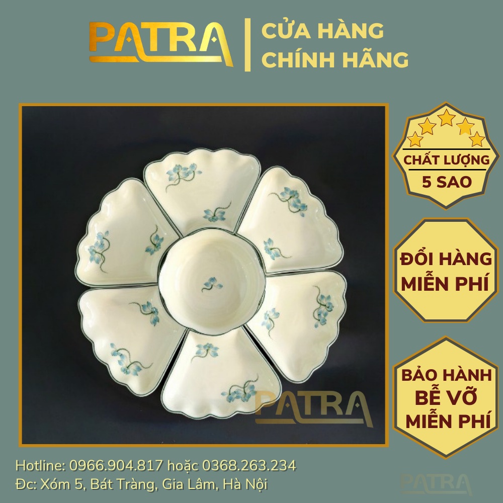 Bộ bát đĩa hoa mặt trời, bát đĩa sứ men kem Bát Tràng họa tiết sen xanh thờ cúng gia tiên