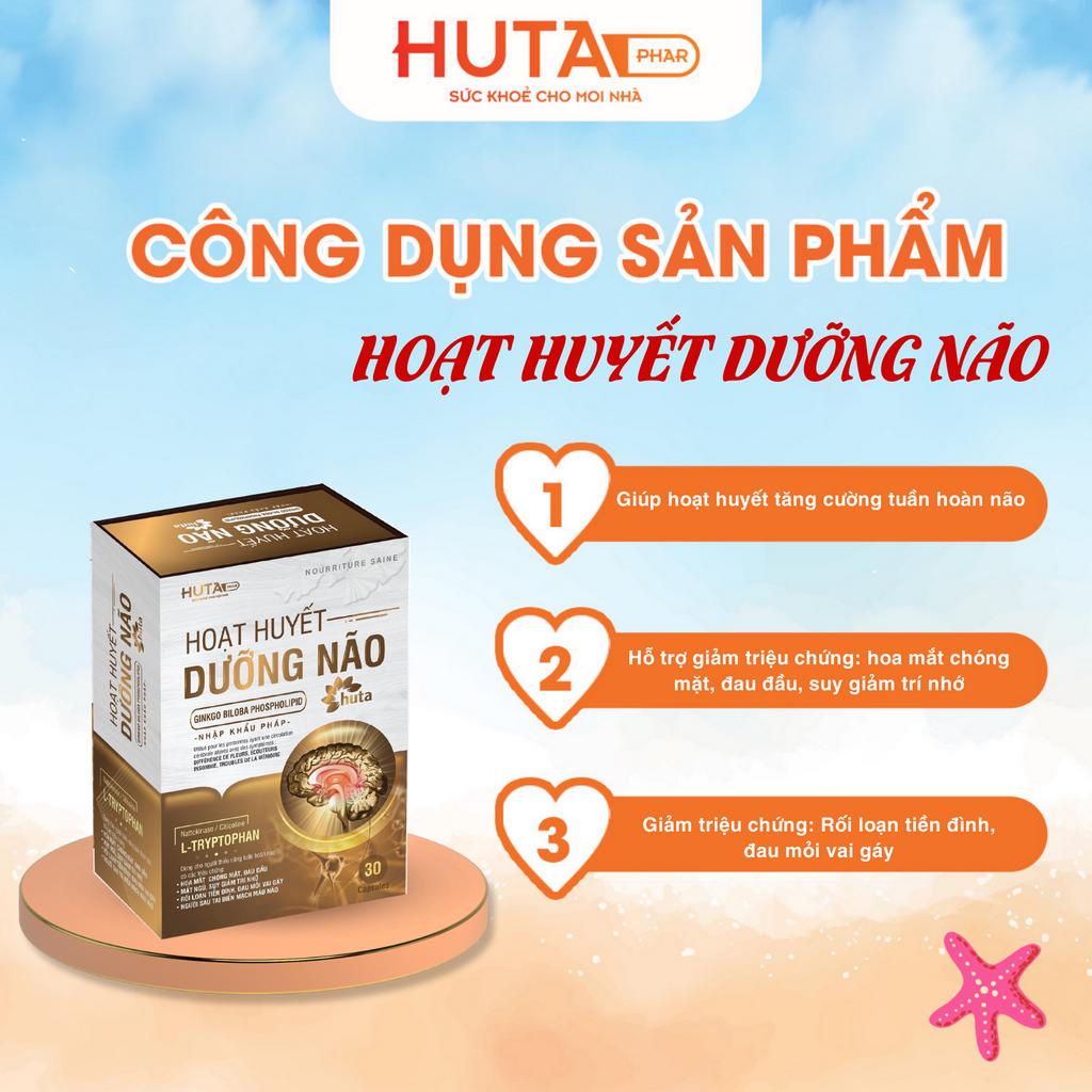 Hoạt huyết dưỡng não HUTA PHAR hộp 30 viên, hỗ trợ giảm triệu chứng hoa mắt, chóng mặt, đau đầu, suy giảm trí nhớ.