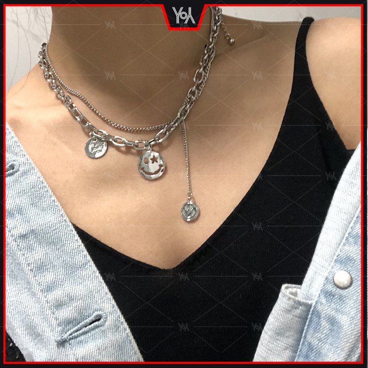 Vòng cổ nhiều lớp mặt hình tròn khắc chữ/hình mặt cười phong cách Hàn Quốc thời trang