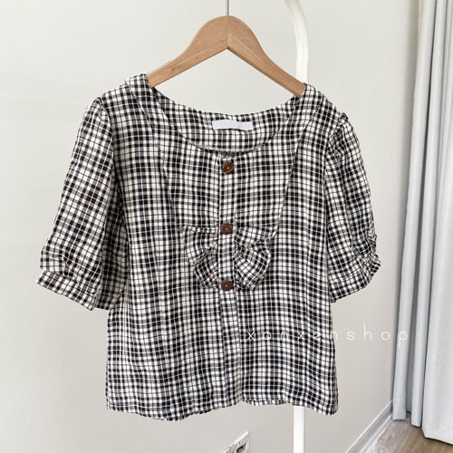 Áo kiểu caro cổ tròn bèo nút dễ thương Xonxen shop free size mã 34