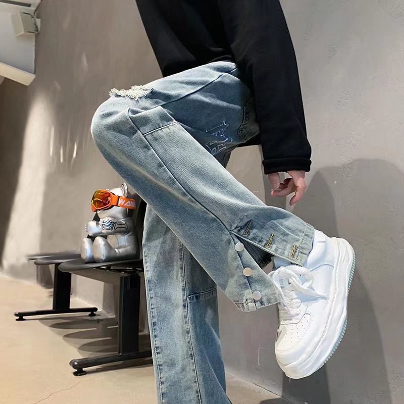 Quần jeans Dài Lưng Cao Ống Rộng Rách Gối Thời Trang Hàn Quốc Cho Nam Nữ Thư thêu quần jean unisex Quần jean thẳng chất lượng