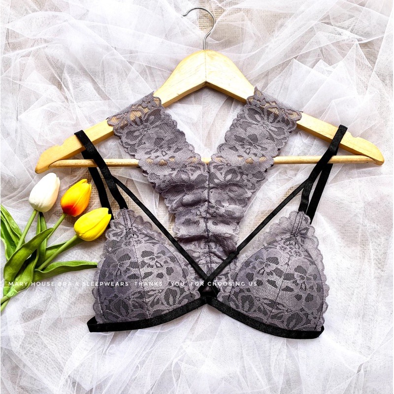 Bộ Đồ Lót Ren Mút Ngực Quần Y Xám Nhạt