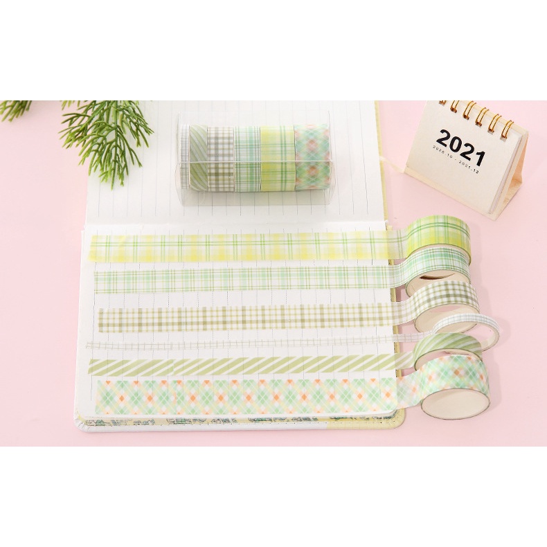 Set 6 cuộn washi tape caro hộp nhựa họa tiết đặc biệt, băng dính washi tape MonaBook cute