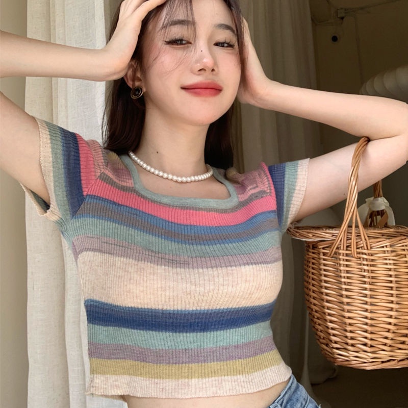 Áo Croptop Dệt Kim Tay Ngắn Cổ Vuông Họa Tiết Kẻ Sọc Nhiều Màu Sắc Phong Cách Retro Dành Cho Nữ