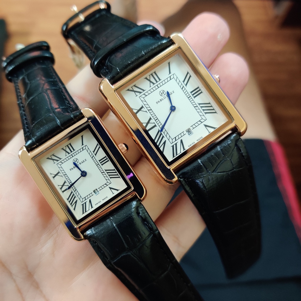 Đồng hồ nam nữ mặt vuông tank Pablo Raezz dây da cực đẹp