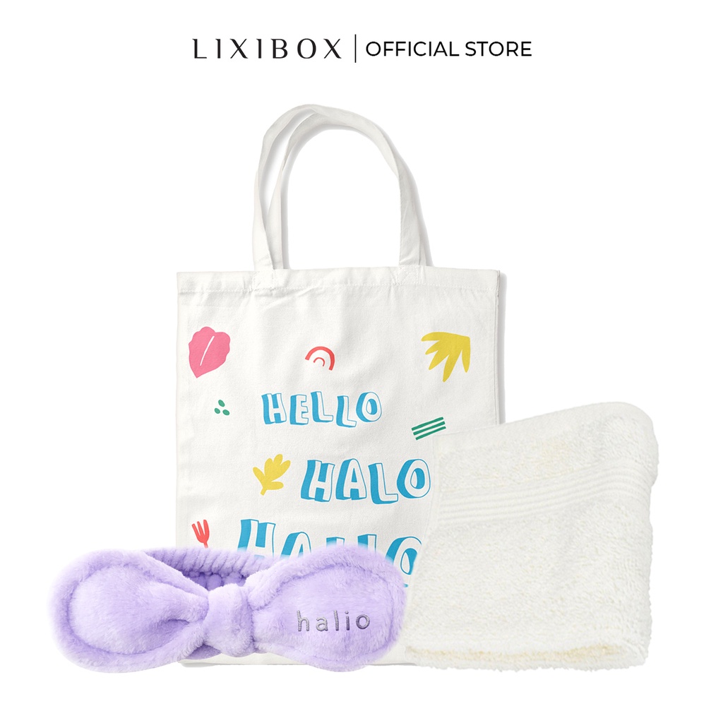 [HB gift] Combo Khăn mặt Cotton Lixibox Màu Trắng, Túi Tote - New design Halio, Băng Đô Rửa Mặt Halio - Purple