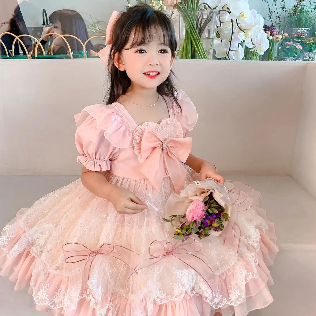 🌸FOOFOO🌸 lolita váy màu hồng Đầm Lolita Phối Ren Lưới Thắt Nơ Phong Cách Phương Tây Thời Trang Mùa Hè lolita Cho Bé Gái