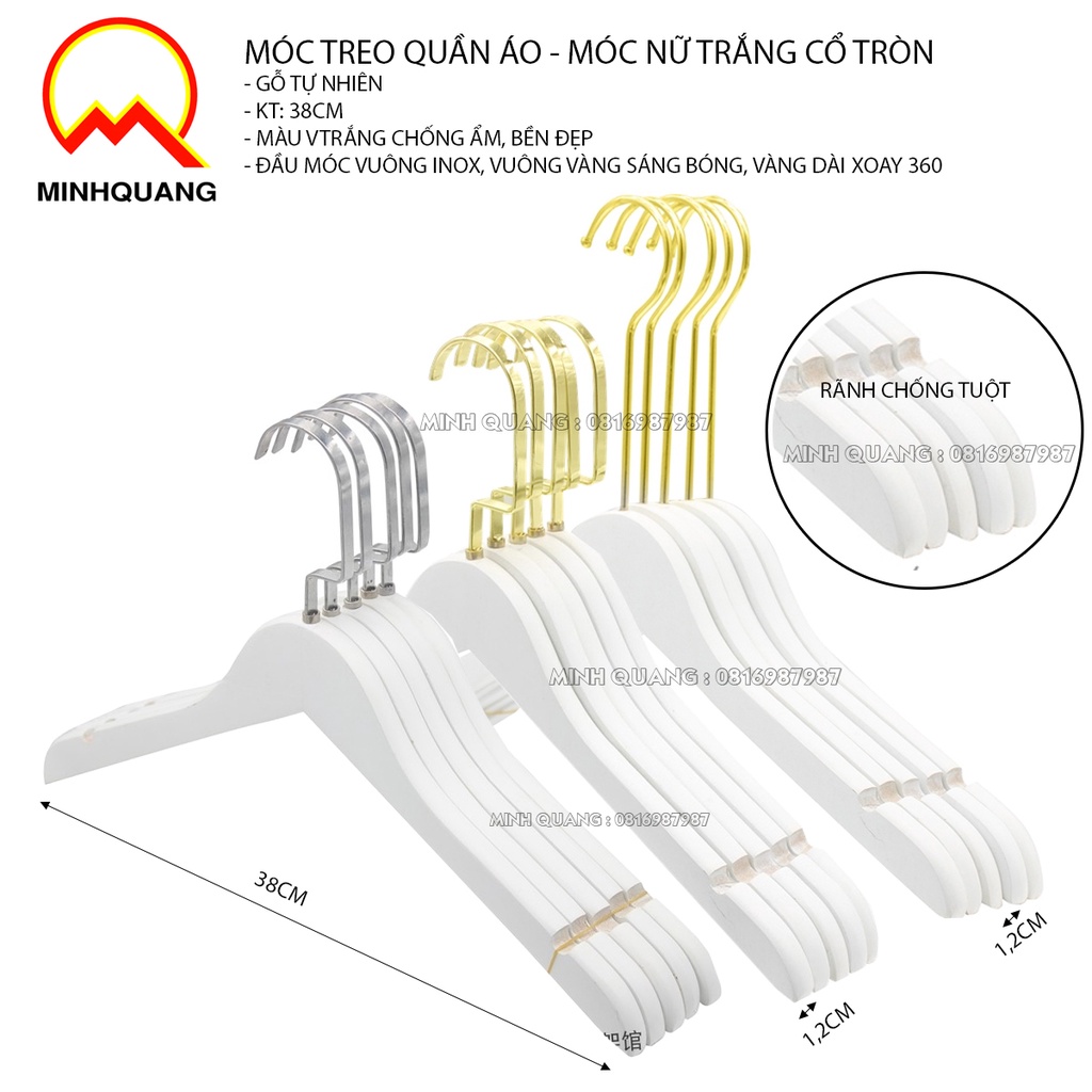 Móc treo quần áo băng gỗ cổ tròn sơn màu trắng mịn chống ẩm, đầu móc xoay 360 độ, sang trọng bền đẹp