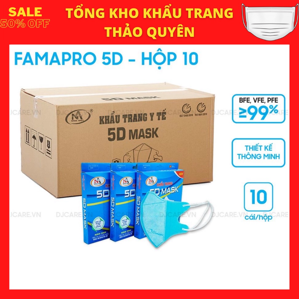 Khẩu trang 5D Màu Trắng, Xanh Famapro thuộc công ty Nam Anh hộp 10 chiếc vải không dệt, quai thun