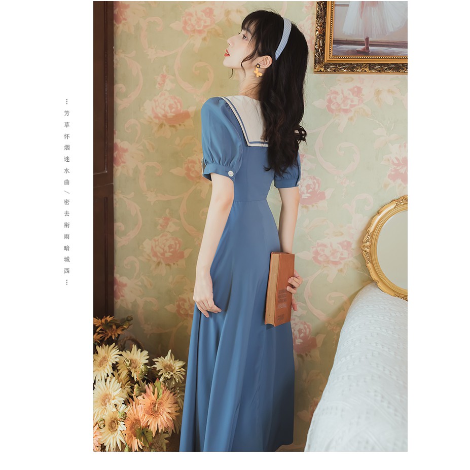 Váy đầm thiết kế vintage classic cổ điển retro tiểu thư dáng xòe dài quá gối tay bồng cổ bẻ công sở màu xanh bigsize
