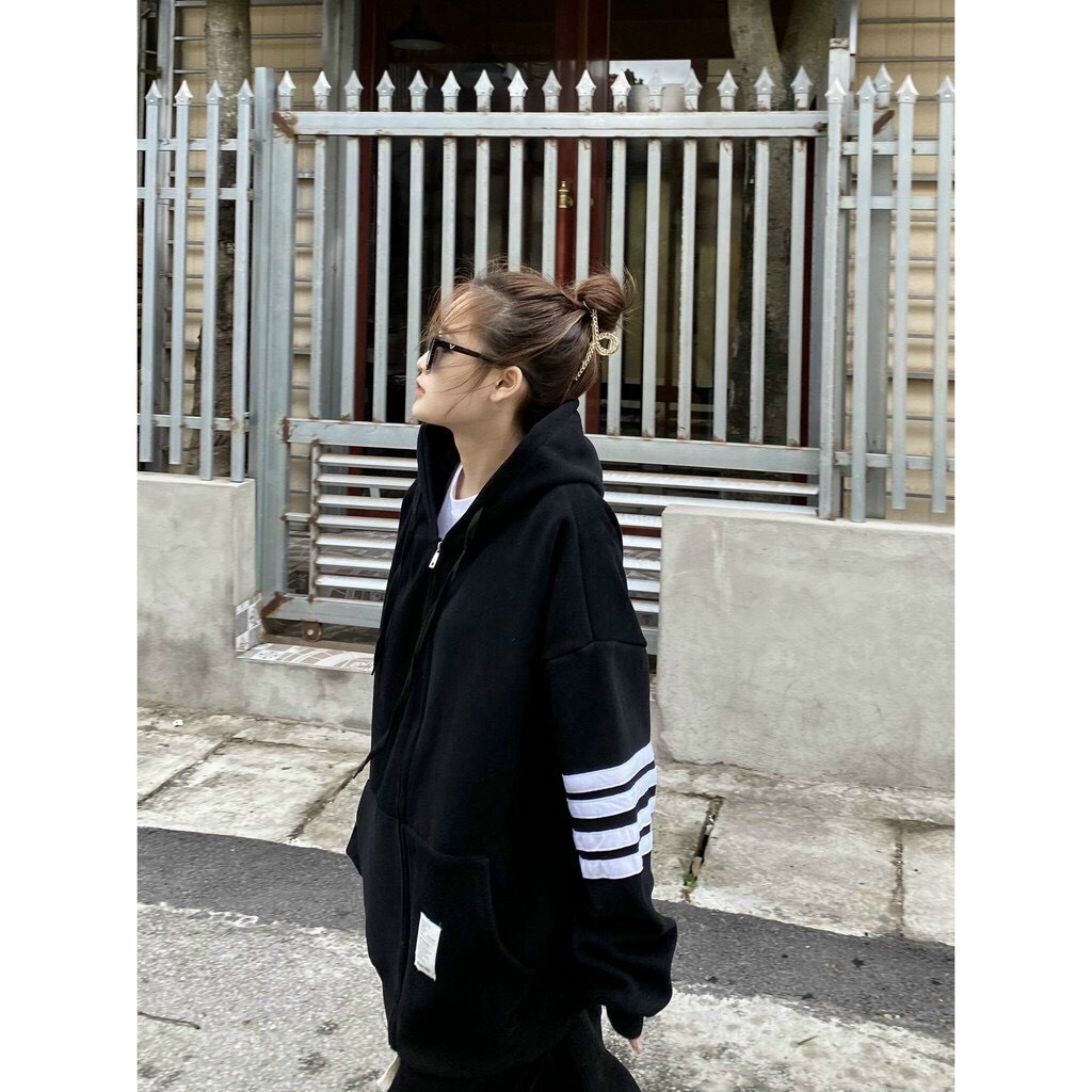 Áo Hoodie Nỉ ngoại  Nữ có nón tay 3 sọc From Rộng chất Vải Dày Dặn Ấm Áp - Minastore