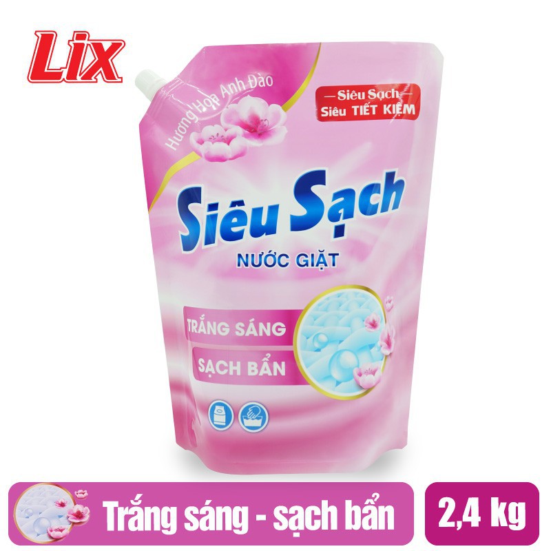 Túi nước giặt Lix Siêu sạch 2,4kg Hương Hoa Anh Đào - Tẩy Sạch Cực Mạnh Vết Bẩn