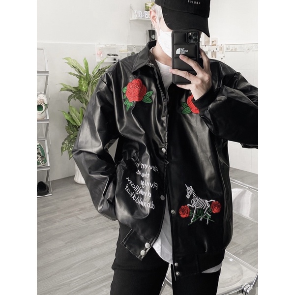 ÁO BOMBER FULL DA THÊU HOA HỒNG FORM UNISEX NAM NỮ (kèm ảnh thật)