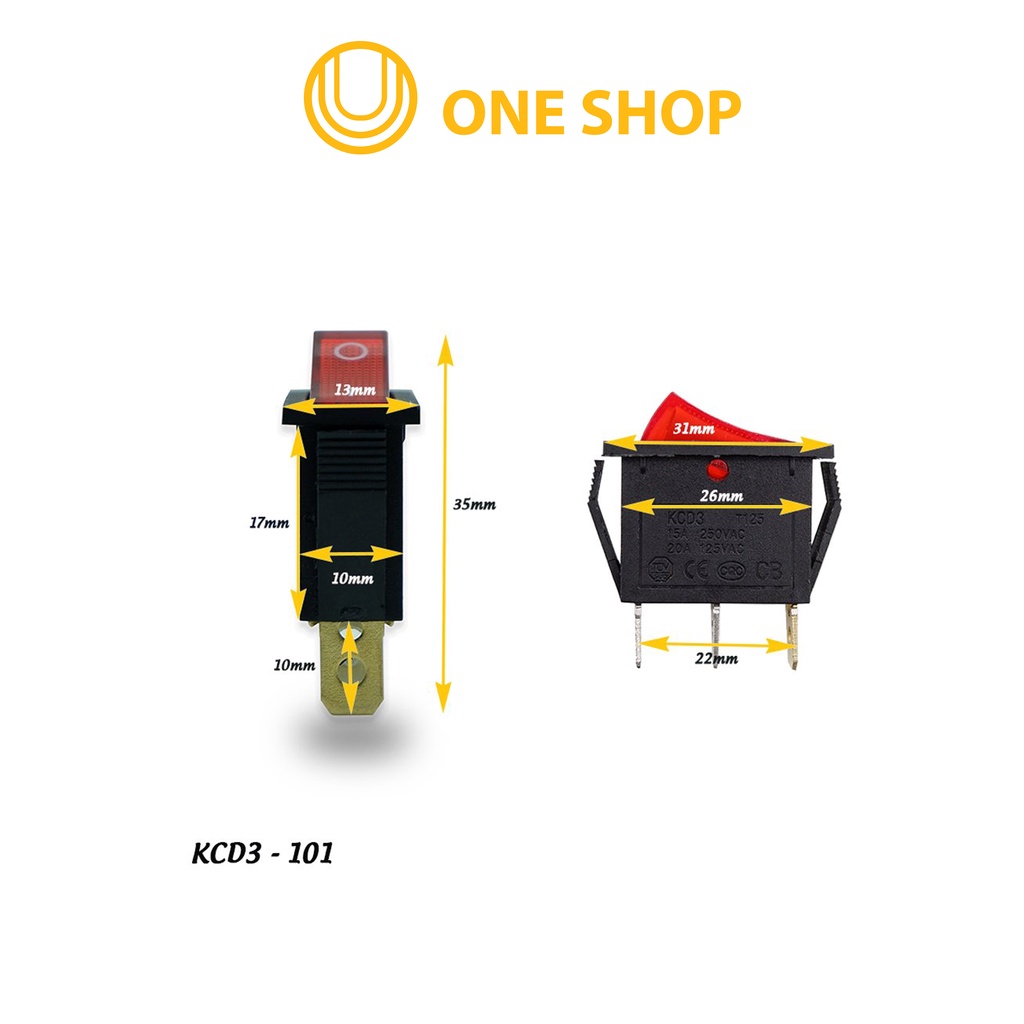 Bộ 3 Công Tắc Bập Bênh KCD3-101 16A/250V Dùng Trong Ổ Điện ( Có đèn )