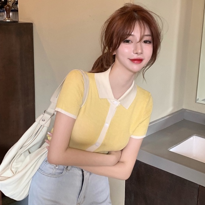 Cocory vn Thời Trang Áo Cardigan Dệt Kim Tay Ngắn Cổ Polo Thiết Kế Quyến Rũ Cho Phái Nữ