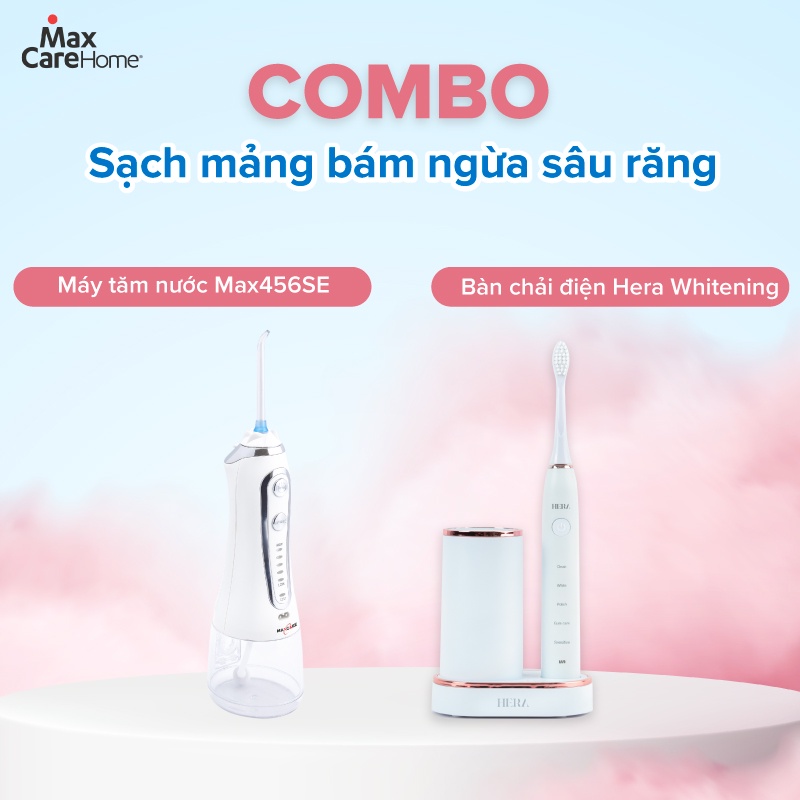 [COMBO GIẢM 1.100K] Máy tăm nước cầm tay Maxcare Max456S + Bàn chải điện sóng siêu âm Maxcare Hera Whitening