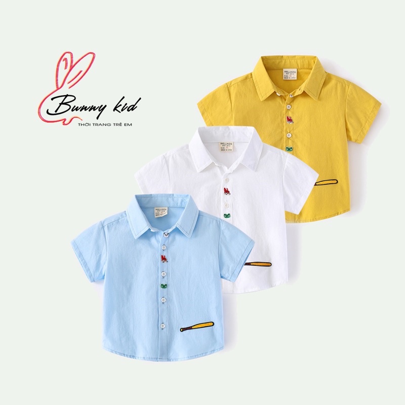 Áo sơmi bé trai WELLKIDS, áo cộc tay cho bé có cổ chất thêu hình ngộ nghĩnh (TX2424)