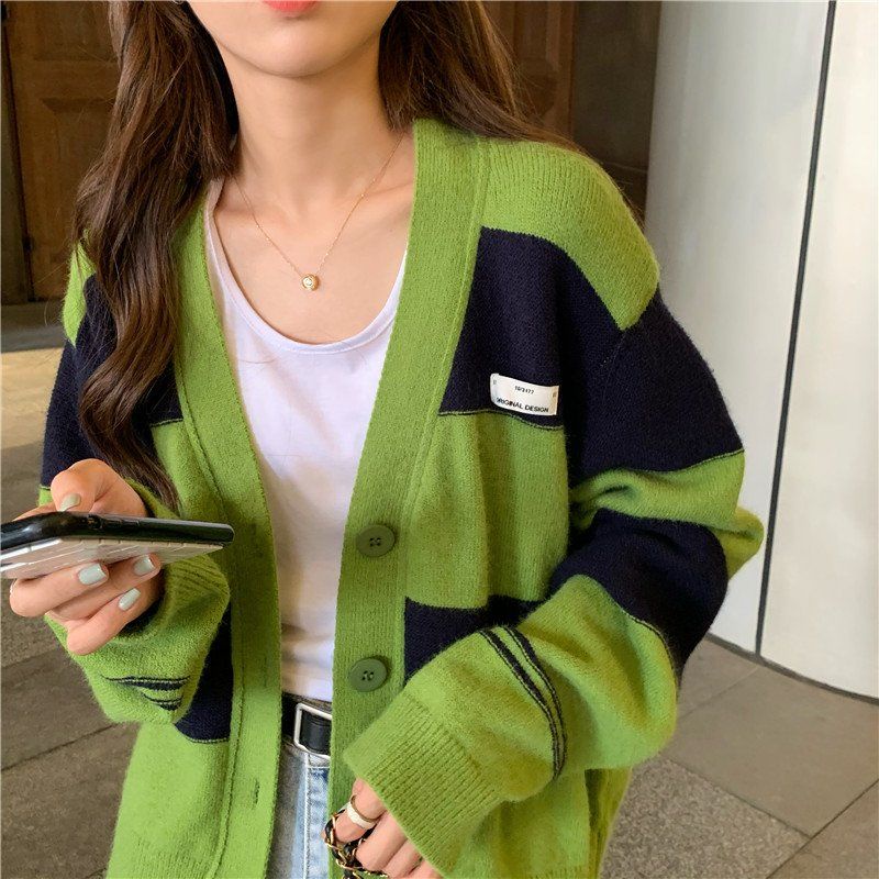 Áo cardigan dệt kim IELGY tay dài phối sọc caro kết hợp nhiều màu kiểu Pháp retro cho nữ