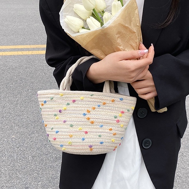 Túi xách dệt sợi mini có đính nơ ruy băng nhiều màu sắc phong cách Hàn Quốc mới thời trang dành cho nữ