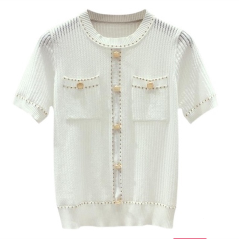 Áo dệt kim SUXI tay ngắn màu trơn phong cách cổ điển dành cho nữ