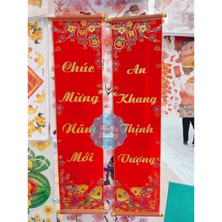 Cặp câu đối nhung đỏ 7 màu trang trí Tết