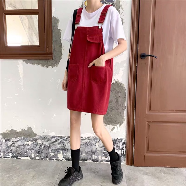 {order bigsize,s-5xl}Váy Yếm jean đỏ dáng xuông xinh xắn