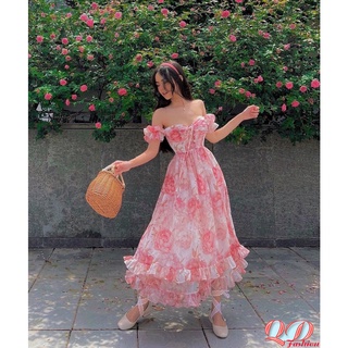 Váy hoa nhí cup ngực cổ vuông Vintage dễ thương đầm dự tiệc cưới trễ vai dáng dài sang chảnh QD DT041