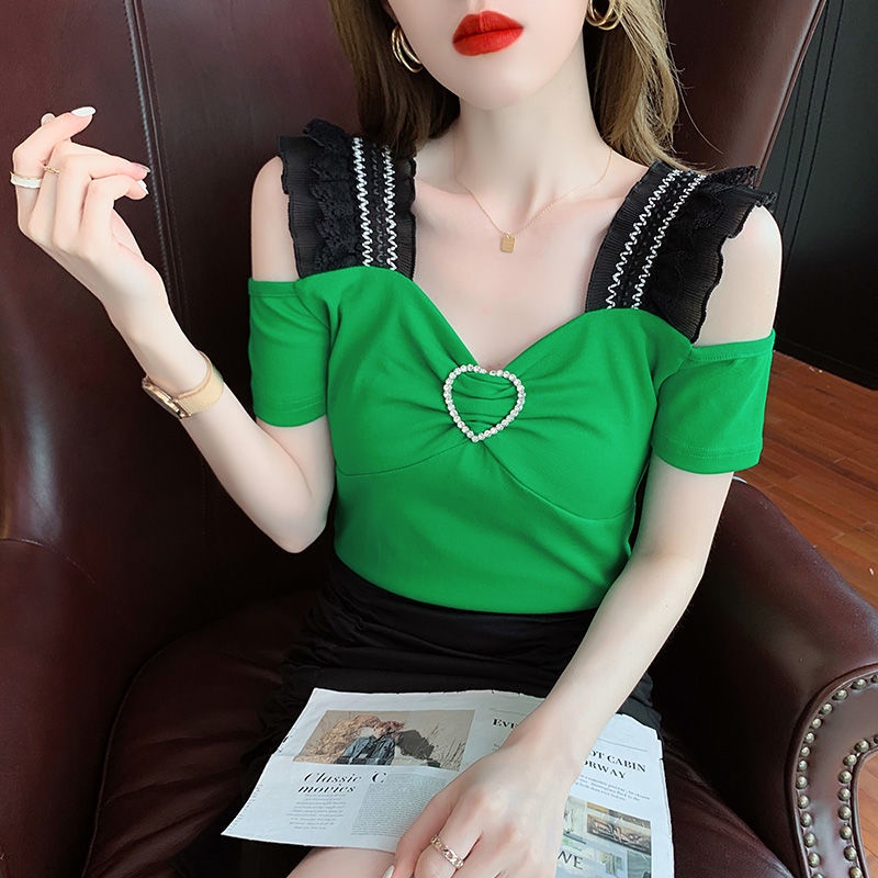 Áo ngắn tay hở vai phối ren họa tiết vân kim cương cổ chữ V phong cách Châu Âu thời trang hè quyến rũ 2021 mới cho nữ