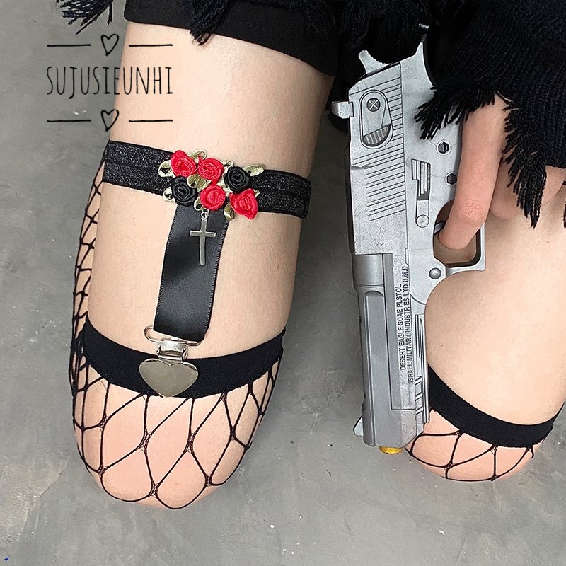 (3 màu) kẹp tất vớ garter đính hoa hồng mặt chữ thập lolita-vòng đeo đùi dễ thương