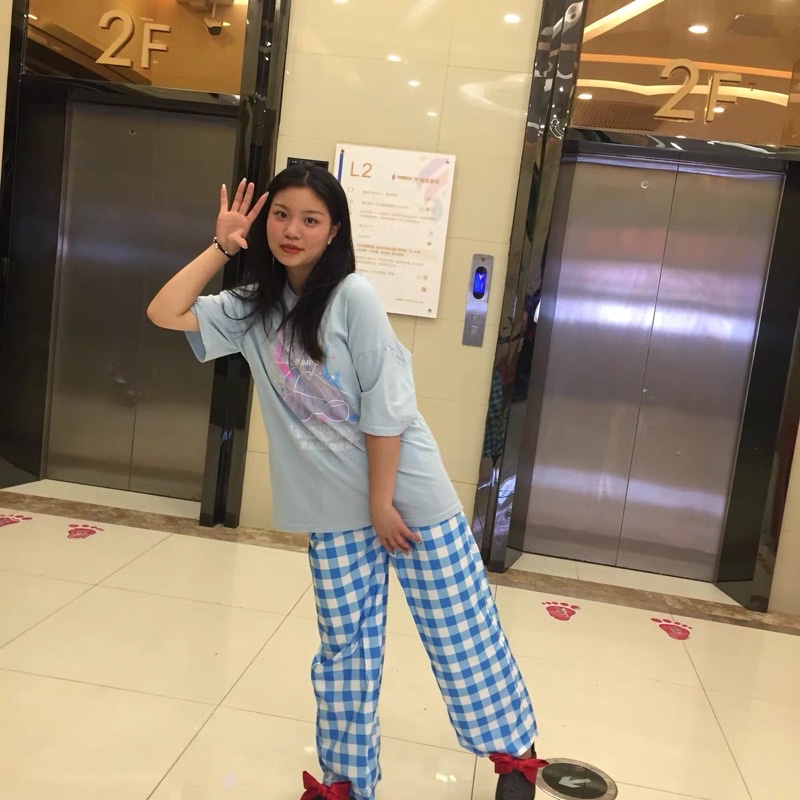 Quần caro ống rộng lưng thun siêu cưng
