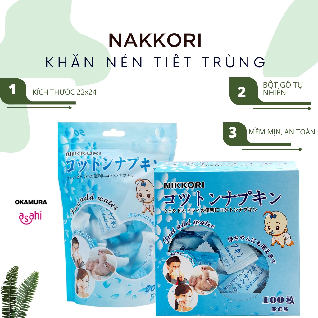 Khăn nén tiệt trùng Nikkori chất lượng Nhật Bản đa năng tiện dụng gói 50,100 viên