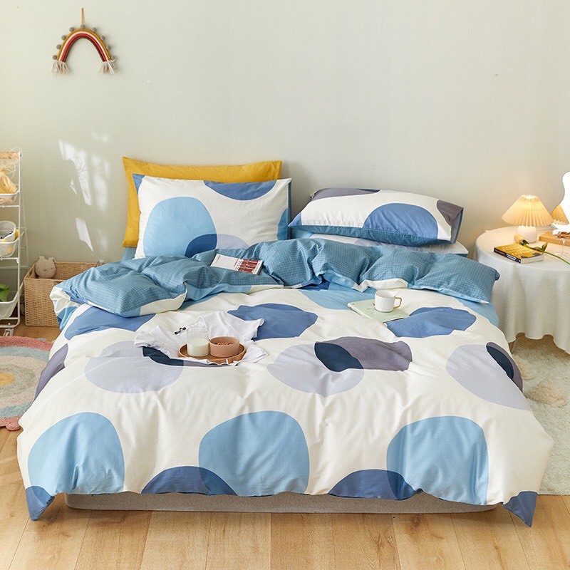 Bộ chăn ga cotton living 100% cotton- mẫu tròn xanh dương
