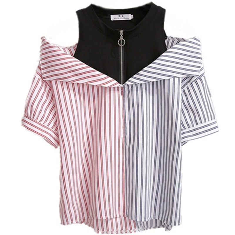 2021 summer new spliced shirt women's Korean version of fake two pieces of design careful machine shoulder leakage chiffon blouse