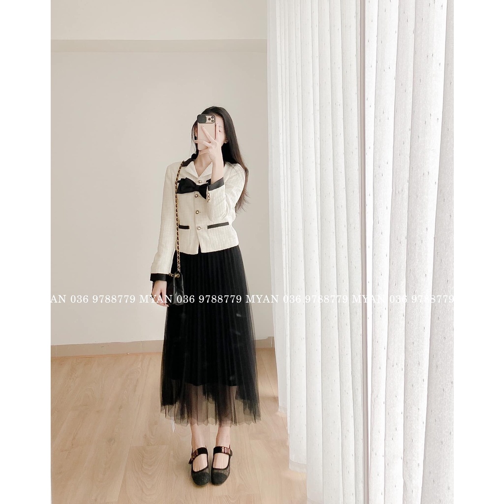 Áo tweet phối + tay, nơ đen Avn012203