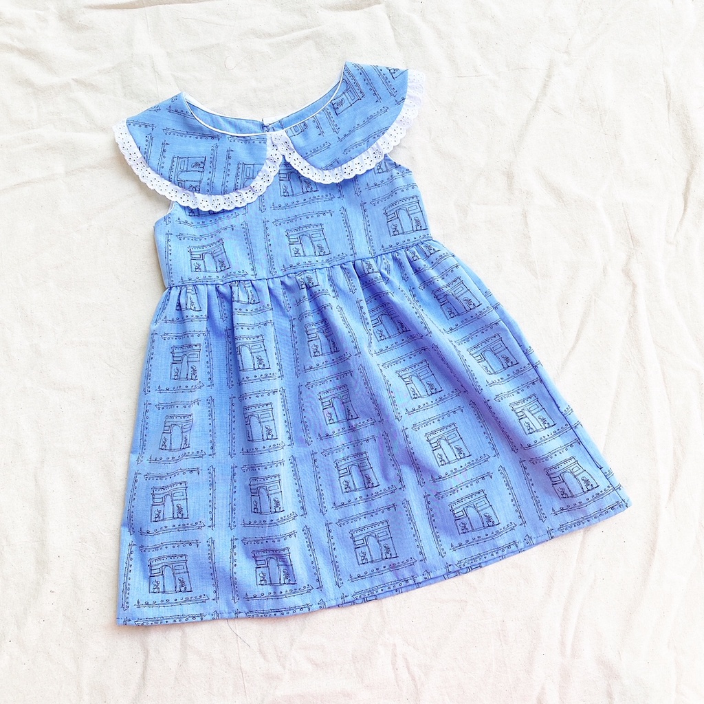 Đầm vintage bé gái cổ sen chấm bi xanh và xanh jean
