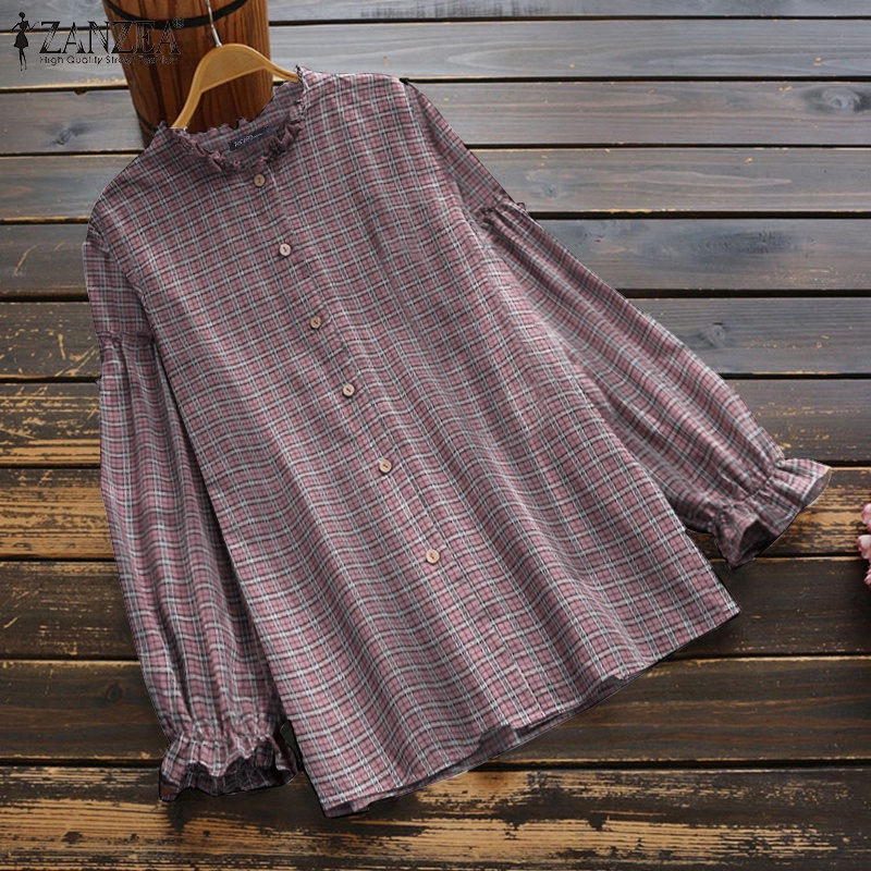 Áo sơ mi ZANZEA cổ tròn tay bèo họa tiết sọc caro thời trang dành cho bạn nữ