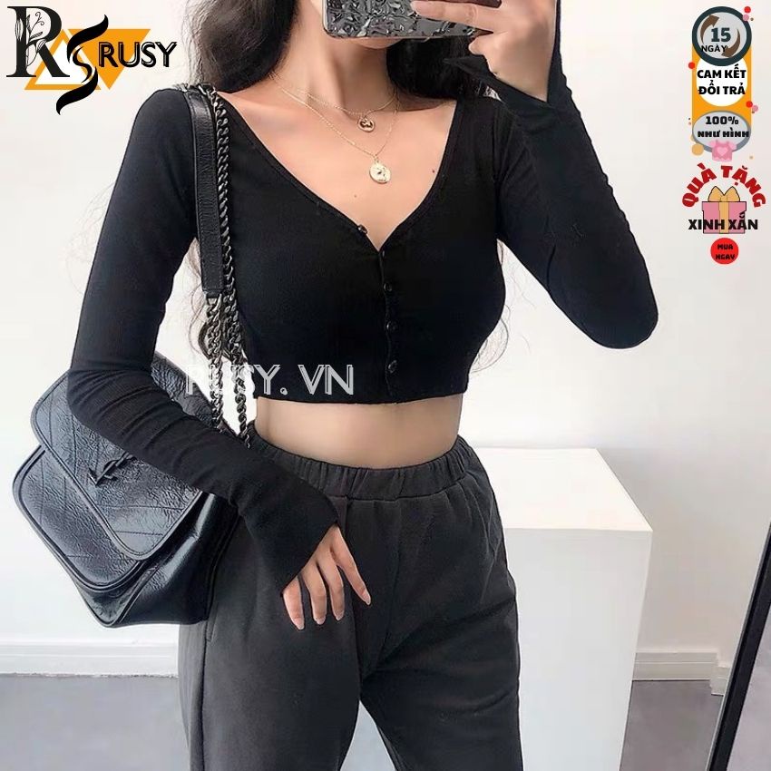 Áo Croptop tay dài nút cài chất thun gân dày dặn cao cấp basic cá tính crt trắng đen đơn giản