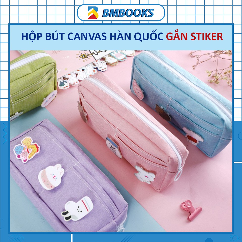 Hộp bút vải canvas nhiều ngăn đủ màu gắn kèm huy hiệu cute Hàn Quốc phân loại tự chọn BMbooks