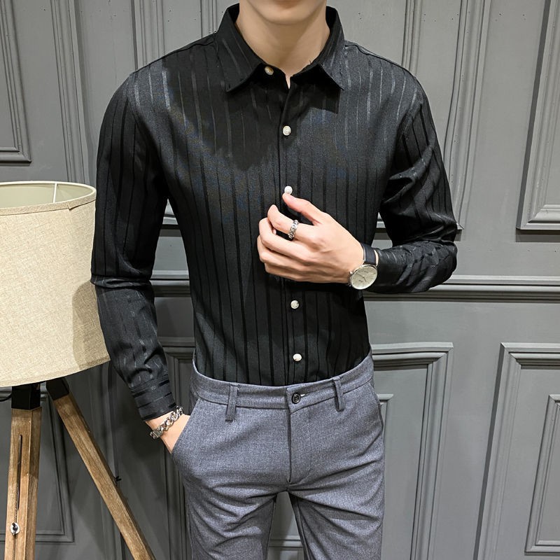 【Non-iron shirt】Men Formal Button Smart Casual Long Sleeve Slim Fit Suit Shirt Men's striped shirt Korean slim trend long sleeve shirt ruffian handsome business non iron white inch shirt casual Quarter Sleeve