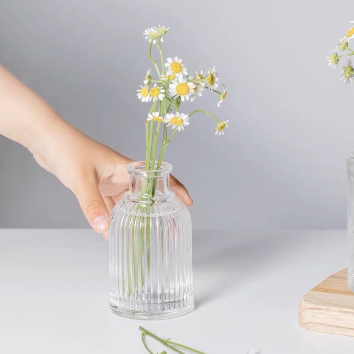 Lọ Hoa Thủy Tinh Mini Kẻ Sọc - Bình Lọ Cắm Hoa Trang Trí Bàn Học
