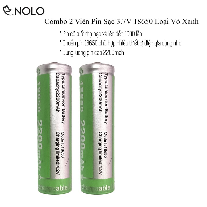 Combo 2 Viên Pin Sạc Lion Rechargeable 3.7V HHTC Loại Vỏ Xanh Chuẩn 18650 Dung Lượng 2200mah Loại Tốt