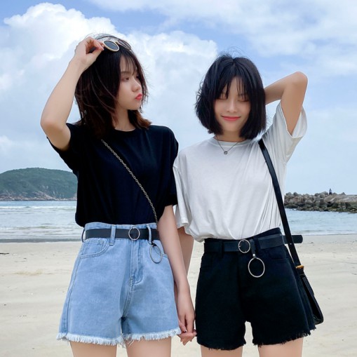 Quần Short Denim Lưng Cao Ống Rộng Màu Trơn Phong Cách Hàn Quốc Cho Nữ