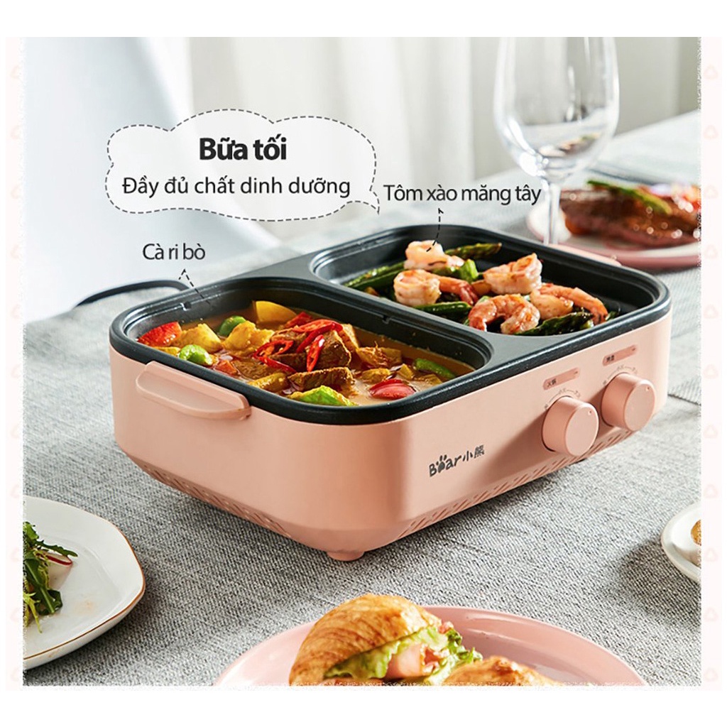 Bếp Lẩu Nướng Đa Năng Bear DKL-C12D1, Nồi Lẩu Nướng Mini 2IN1 - Tặng Kèm Ổ Chuyển Đổi (Bảo Hành 12 Tháng)