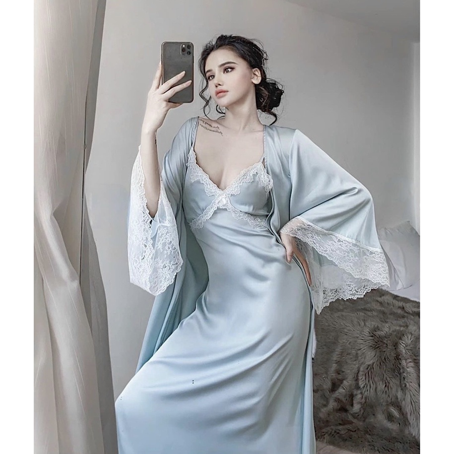 Bộ Váy Choàng Xanh Nữ - Lụa Quảng Châu Cao Cấp - FreeSize | BigBuy360 - bigbuy360.vn