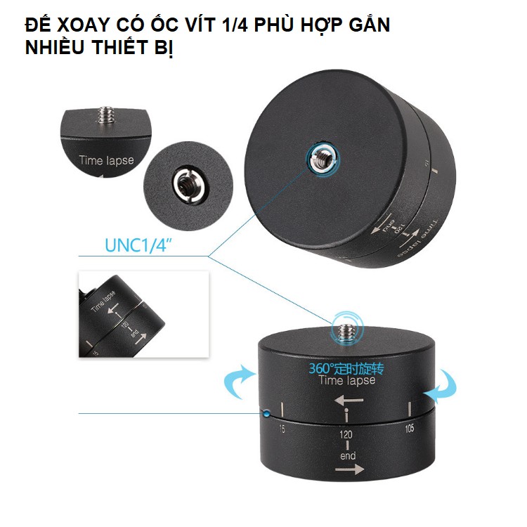 Đế gopro xoay 360 độ chụp time lapse 60 phút bằng kim loại có chuông báo