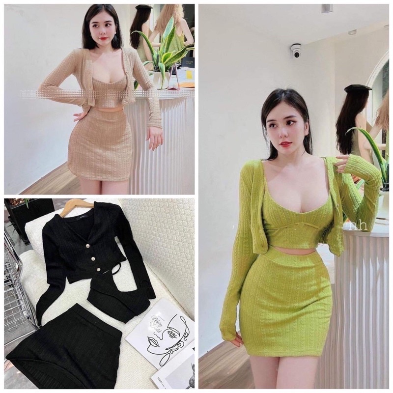 Set Bộ 3 Món Áo Dây Cổ U Kèm Chân Váy Ôm Và Áo Khoác Croptop Hình thật cuối