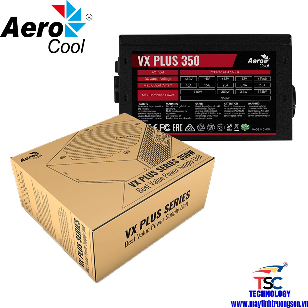 Nguồn Máy Tính AEROCOOL VX PLUS 350 350W 230V N-PFC | BH 36T Tại TTBH Hà Nội Và TPHCM