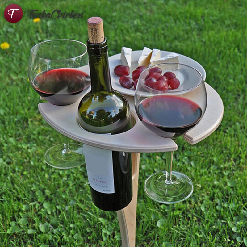 #New# Outdoor Portable Wine Table with Foldable Round Desktop Mini Wooden Picnic Table Easy to Carry